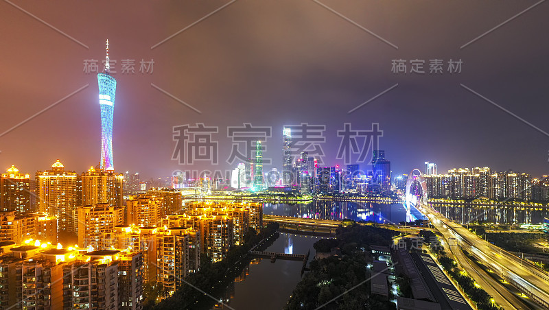 航拍中国广州CBD夜景