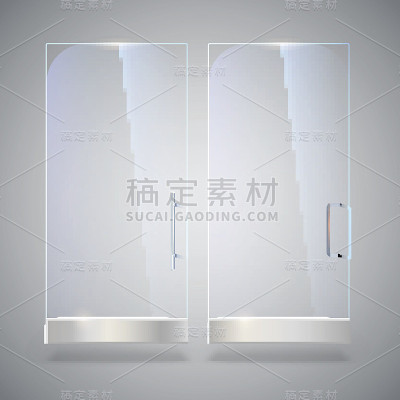 玻璃门反射和阴影，孤立在灰色背景。向量3 d演示。透明玻璃门，适用于商场、商场、透明精品门、办公室、