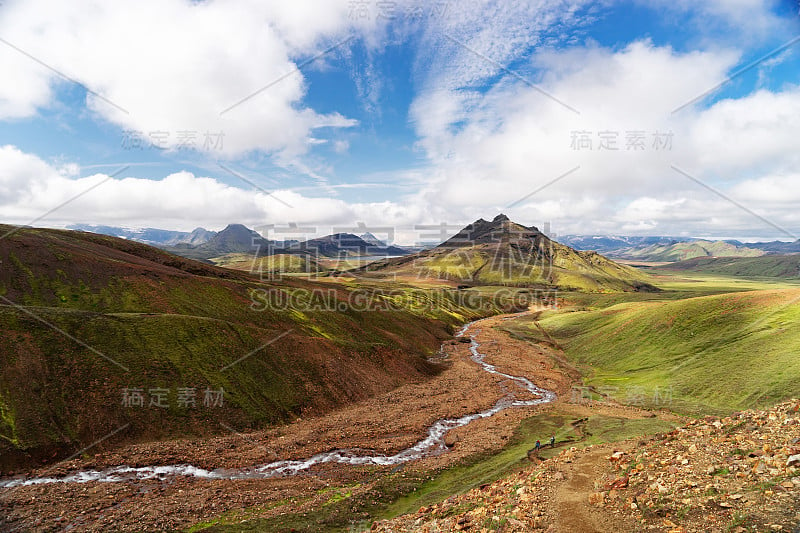 View mountain valley with green hills, river strea