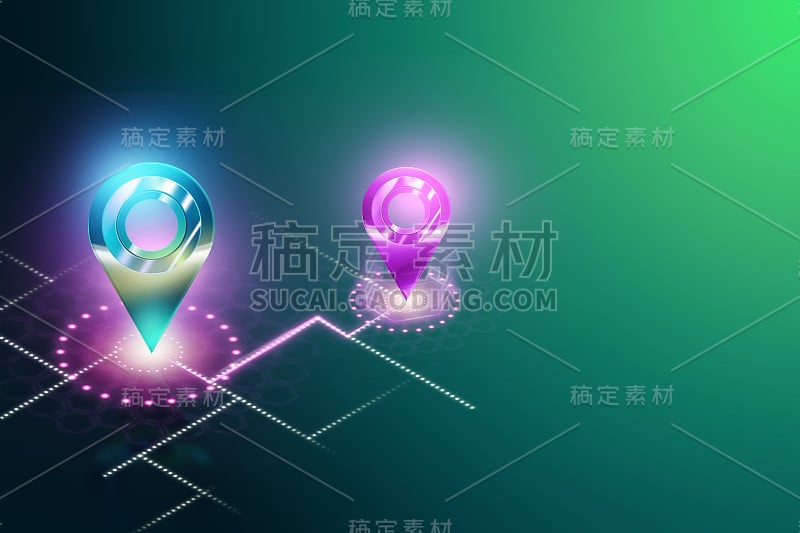 路线图标，距离，到达点，GPS导航系统。GPS智能跟踪。等距图像，3D渲染，3D插图。