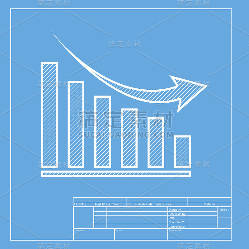 曲线下降的迹象。蓝图模板上图标的白色部分。
