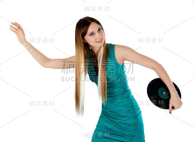 有魅力的女人与乙烯基唱片