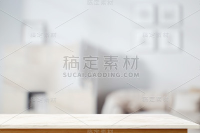 大理石台面台面在客厅。用于产品展示蒙太奇。