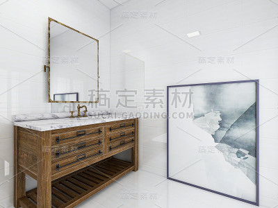 3D效果图，洁净的现代住宅浴室和卫生间设计，配备盥洗台、马桶、浴缸、梳妆台、淋浴设备和绿色植物。