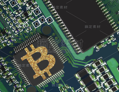 电子电路和带有大比特币符号的芯片