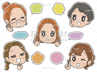 女性の顔とふきだしのセット