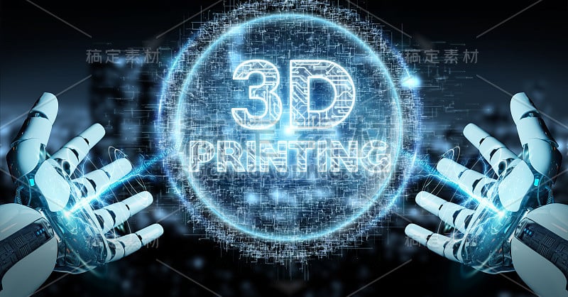 使用3D打印数字全息图对模糊背景上的机器人白手进行3D渲染