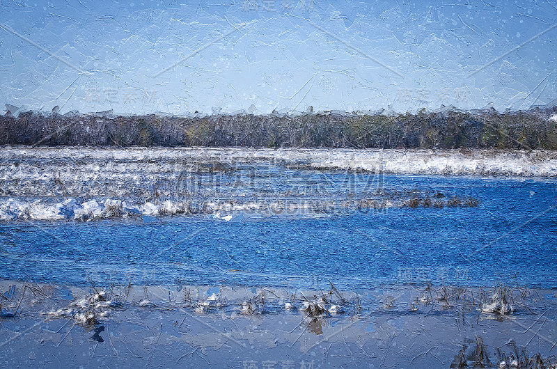 印象派风格的艺术作品，美丽的冬季景象在雪域沼泽