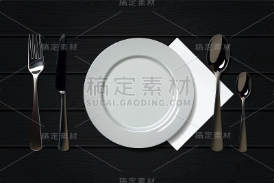 Empty realistic plate with spoon, knife and fork o