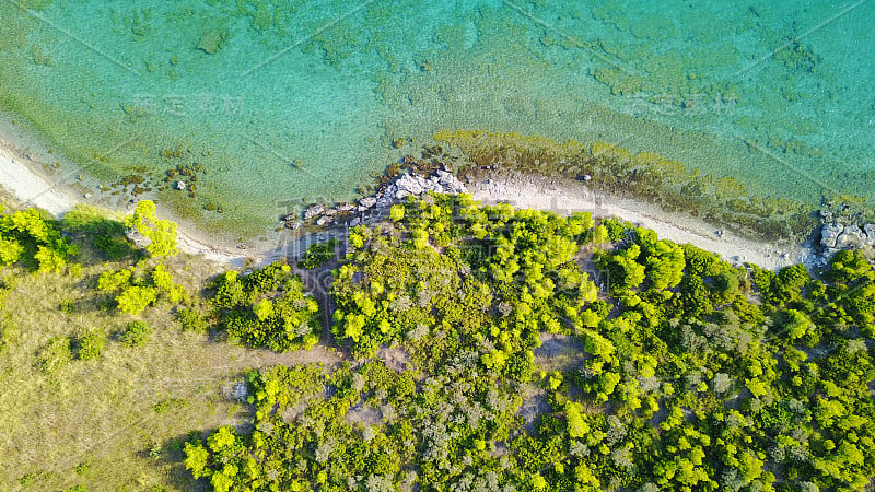 无人机拍摄的著名的Gregolimano海滩与绿松石清澈的海水，北Evoia海湾，希腊