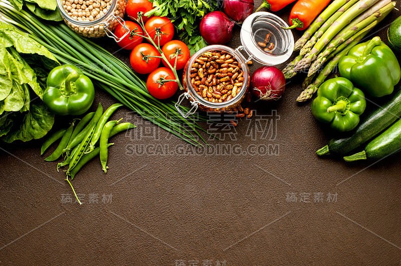 新鲜健康的素食食品配料背景