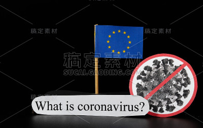 带有covid-19细胞和单词冠状病毒的欧盟国旗。世界范围内快速传播的疾病。Covid-2019是一
