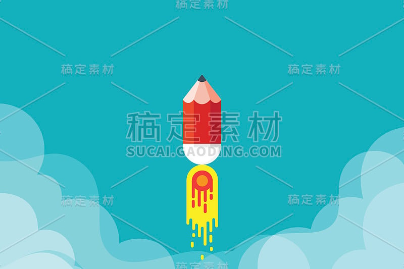 创业启动概念与铅笔火箭。平面设计。矢量插图。