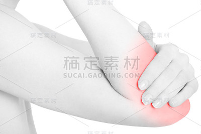 年轻女子手扶着肘部疼痛，红白相间，剪小路