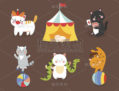 马戏团的猫矢量欢快的插图，为孩子们与小的家养卡通动物扮演哺乳动物