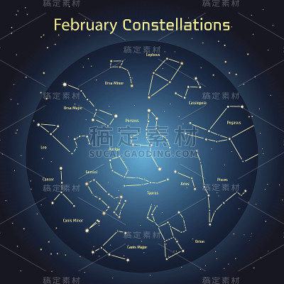 矢量图的星座夜空在二月。