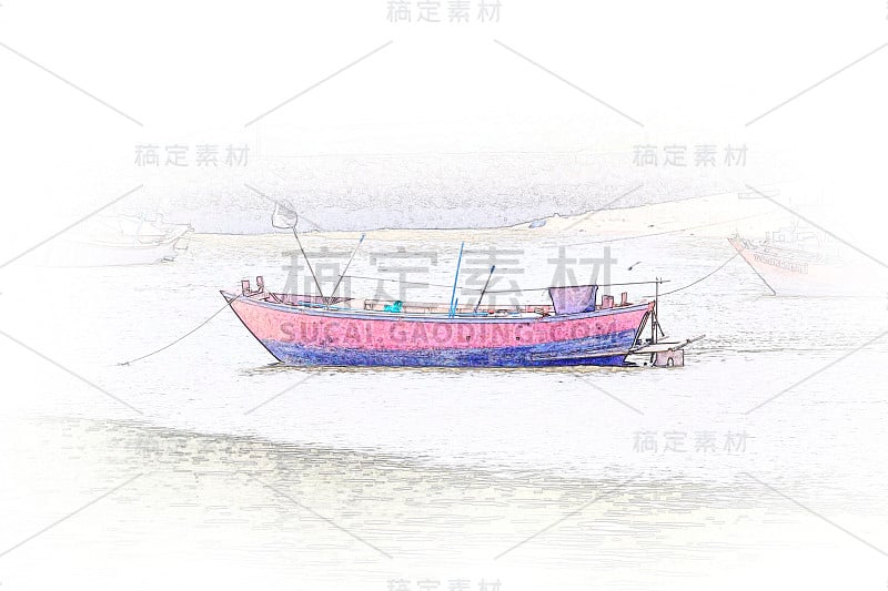 龙船出海捕鱼，渔船以水彩画为背景，以色彩斑斓的飞溅笔触为艺术。