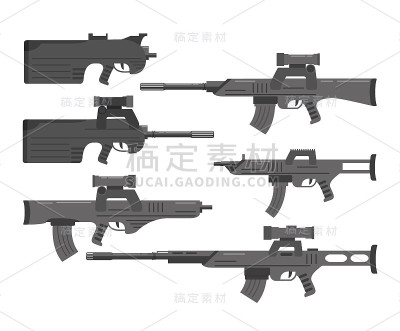 军队，警察，特种部队的武器。枪，狙击步枪，突击步枪。对狩猎武器。在平面风格中，矢量。
