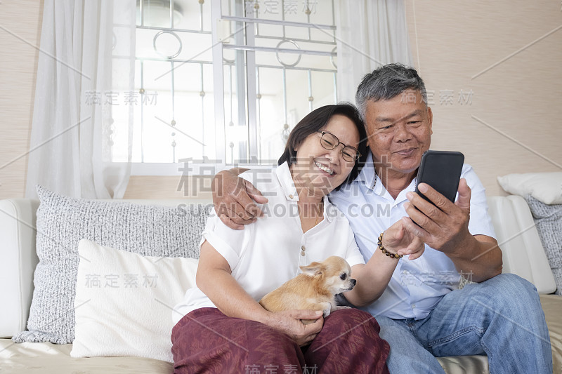 幸福的老年夫妇通过手机与家人在线交流。