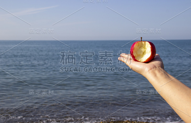 红咬苹果手捧着大海。生态旅游和天然有机水果消费。休闲与生态的概念和谐。饮食主要以植物性食物为主。