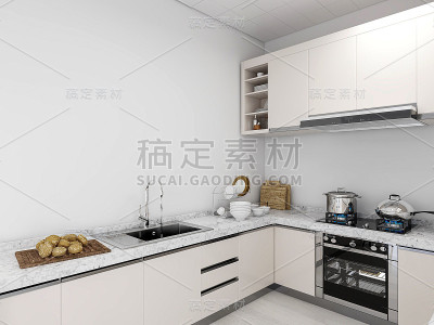 3D渲染，宽敞的现代豪华厨房与酒吧设计。