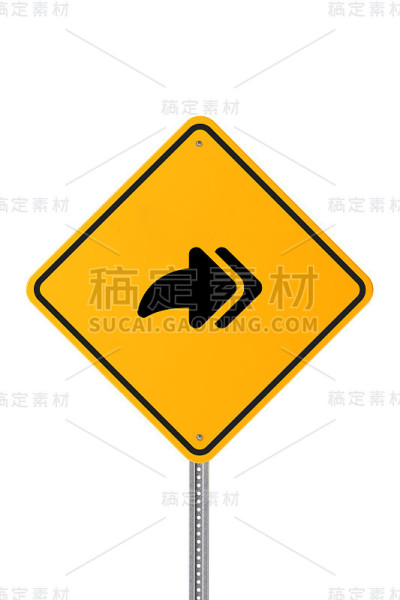 黄色右转道路标志孤立在白色