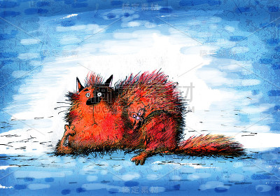 素描毛绒绒的猫躺在蓝色的背景
