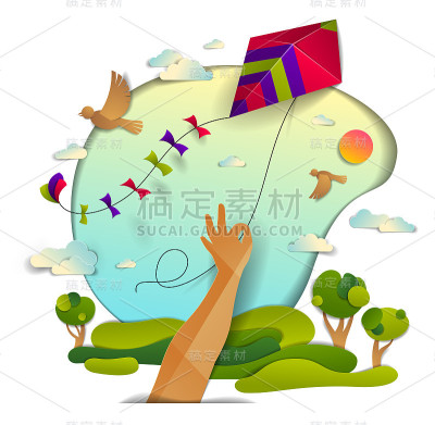 手握风筝越过多云的天空，鸟儿飞翔和阳光，草甸和树木风景优美的自然景观，自由和轻松的情感概念，矢量现代