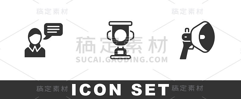 设置语音气泡聊天，奖杯和扩音器图标。向量