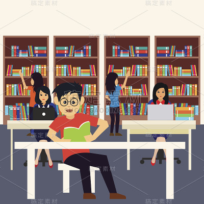 男人和女人在图书馆，工作，读书。矢量图
