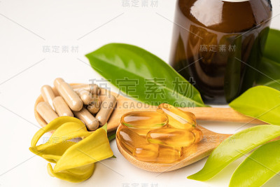 替代药物草药有机胶囊与维生素E欧米加3鱼油，矿物质，药物与草药叶天然补充健康良好的生活。