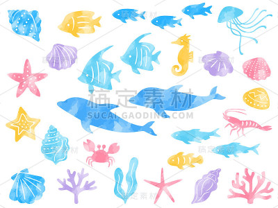 水彩风格插图一套海洋生物