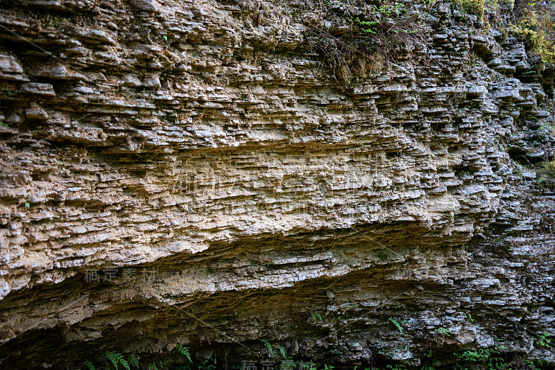 以色列makhtesh ramon火山口的马蹄峡谷内nekarot裂缝的石灰岩悬崖特写，显示了由古代