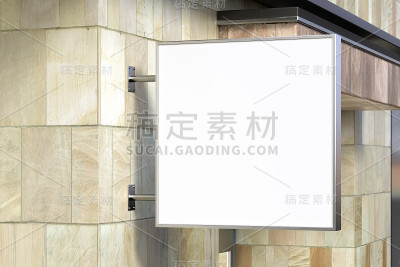 方形招牌或标牌在红砖墙上用空白的白色标牌模拟起来。侧视图。