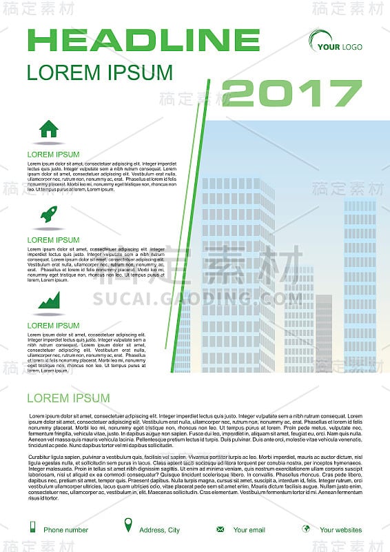 矢量传单，公司业务，年度报告，宣传册设计和封面展示绿色线和矢量建筑