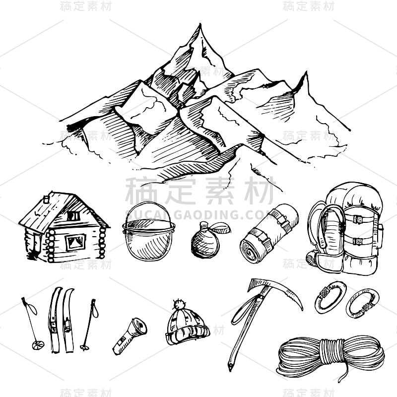 手绘墨水矢量集登山，山露营，山，绳子，背包，登山杖，钩，滑雪，垫，壶。矢量eps 8