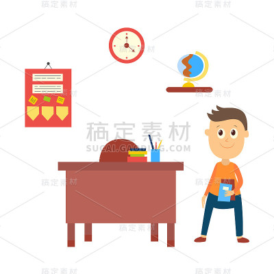 男孩在教室里空着的老师桌子旁等着