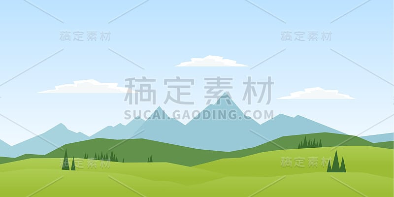 矢量插图:夏季山脉景观与松树和山丘。