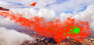 冠状病毒的概念全球攻击的背景飞行飞机机翼和有毒烟雾与病毒
