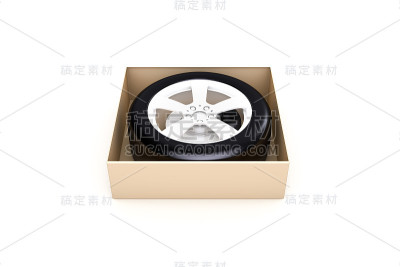 汽车轮胎在白色购物订单箱的3D渲染