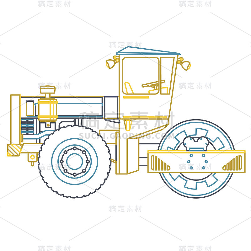蓝黄色轮廓重型压路机在白色路面上铺路。