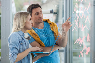 愉快的年轻同事们正在讨论新项目