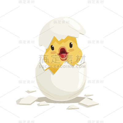 有趣的黄色新生鸡在破蛋壳，可爱的表情字符向量插图