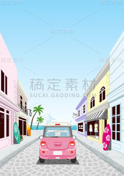 开着粉色复古车在海边的街道上，后视镜