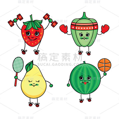 矢量平面素描水果，蔬菜做运动