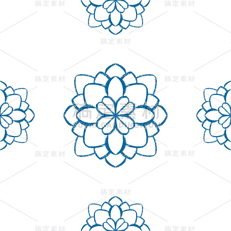 蓝色曼陀罗无缝图案设计。涂鸦花卉插图。