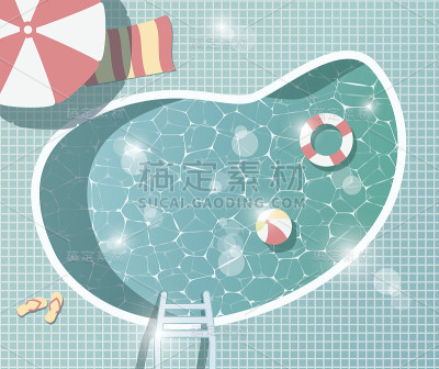 游泳池，俯视图，暑假度假，带阳伞