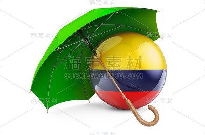 伞下的哥伦比亚国旗。保护和安全的哥伦比亚概念，3D渲染隔离在白色背景