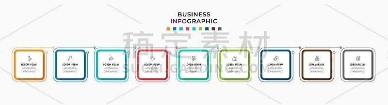 矢量图形设计业务模板与图标和9个选项或步骤。可用于流程图，演示文稿，工作流布局，横幅，流程图，信息图