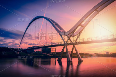 日落时分，英国斯托克顿的无极桥。